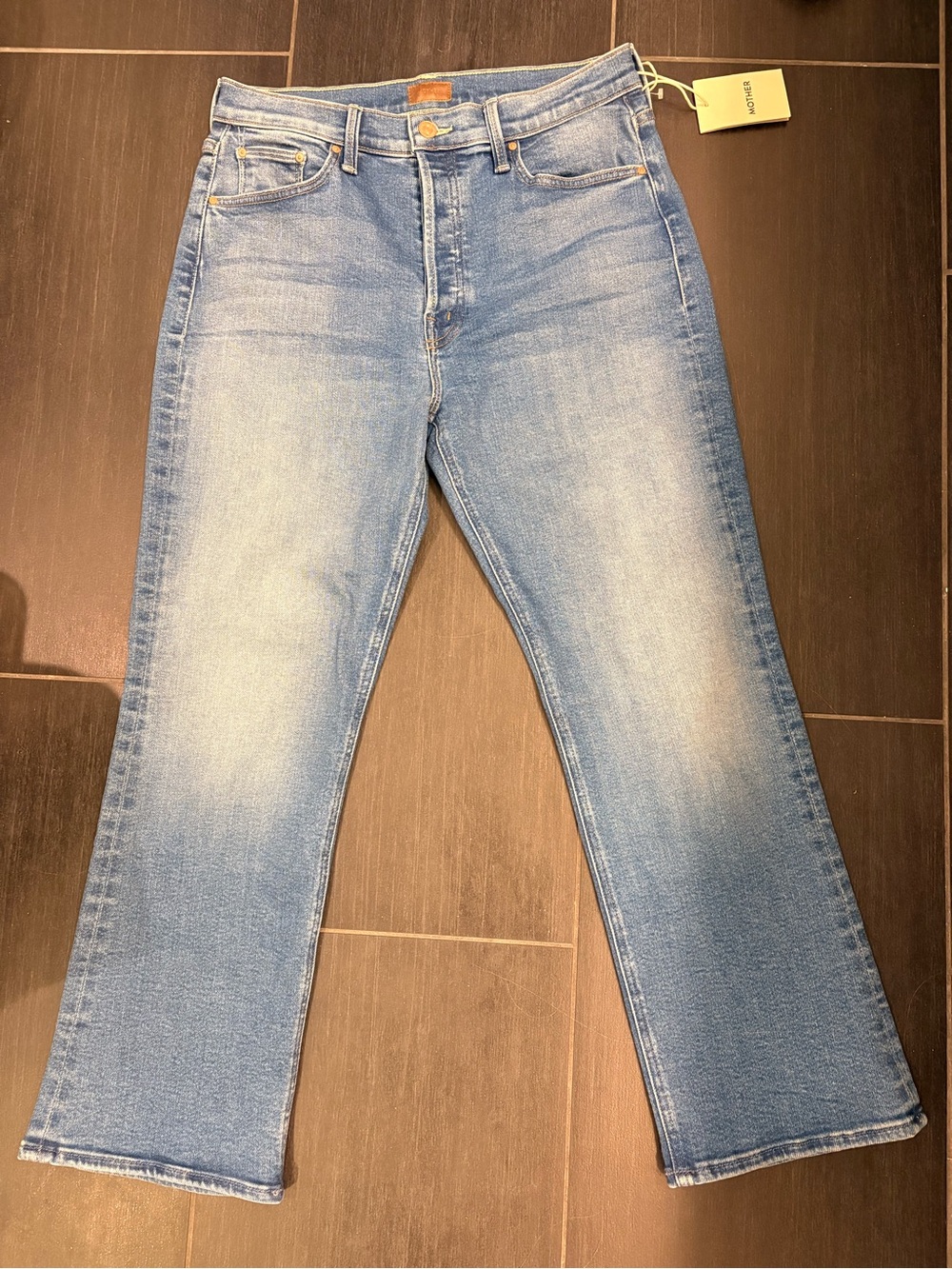 MOTHER Denim Jeans in Work Hard Play Hard wash with Copper Rivets